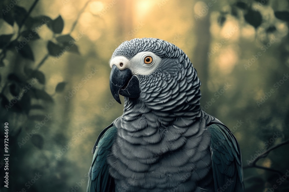 Fototapeta premium Close Up of African Grey Parrot in Serene Forest Setting