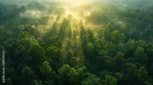 A lush green forest bathed in soft sunlight, with mist creating a serene and tranquil atmosphere.