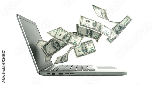 laptop and money flying out of screen, isolated, transparent, png, background 
