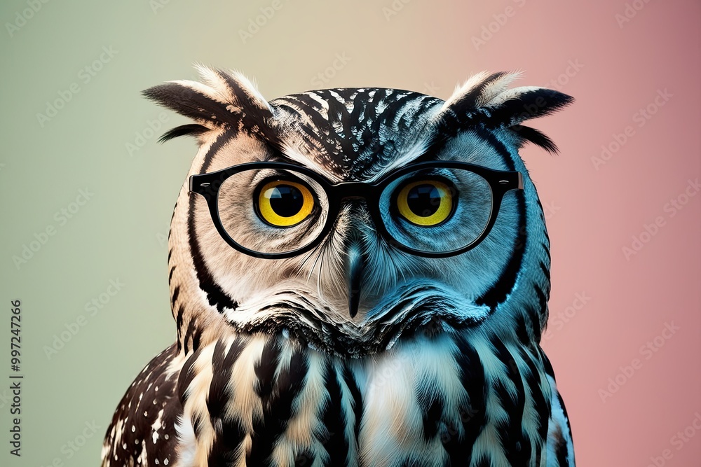 Chic Pastel Background with Artistic Owl Inspired Stylish Eyewear in Colorful Surreal Presentation Chic Pastel Background with Artistic Owl Inspired Stylish Eyewear in Colorful Surreal Presentation