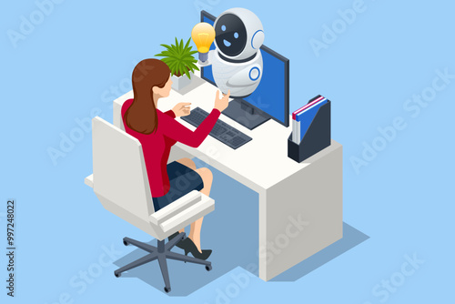 Isometric Generative bot for creating ideas, editing, searching for questions. Artificial intelligence. A person and a robot collaborating on laptops, reviewing business reports