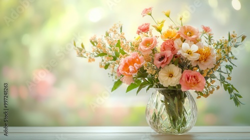 This arrangement features a colorful mix of flowers in a glass vase placed on a light wooden table, illuminated by soft natural light. Generative AI