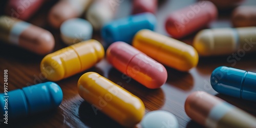 A variety of colorful capsules and tablets scattered on a wooden surface, representing pharmaceuticals.