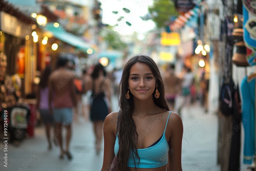 Smiling Woman Strolling Down Bustling Street in Playa del Carmen, Generative AI Smiling Woman Strolling Down Bustling Street in Playa del Carmen, Generative AI