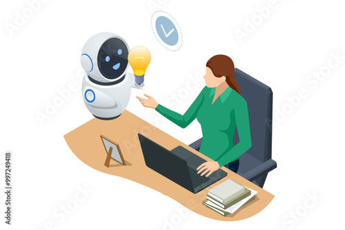 Isometric Generative bot for creating ideas, editing, searching for questions. Artificial intelligence. A person and a robot collaborating on laptops, reviewing business reports