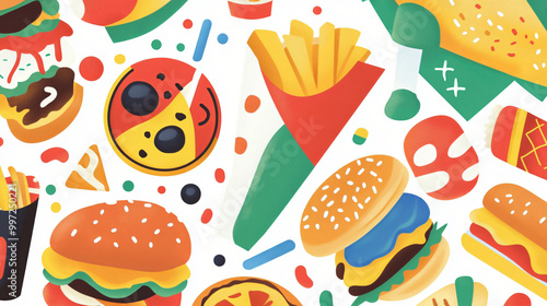 An illustration of diverse food icons with bright and appealing colors.