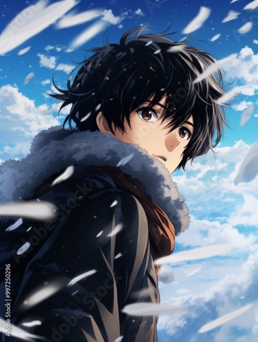  Asian Male in Black Attire and Scarf on Snowy Ground Under a Blue Sky