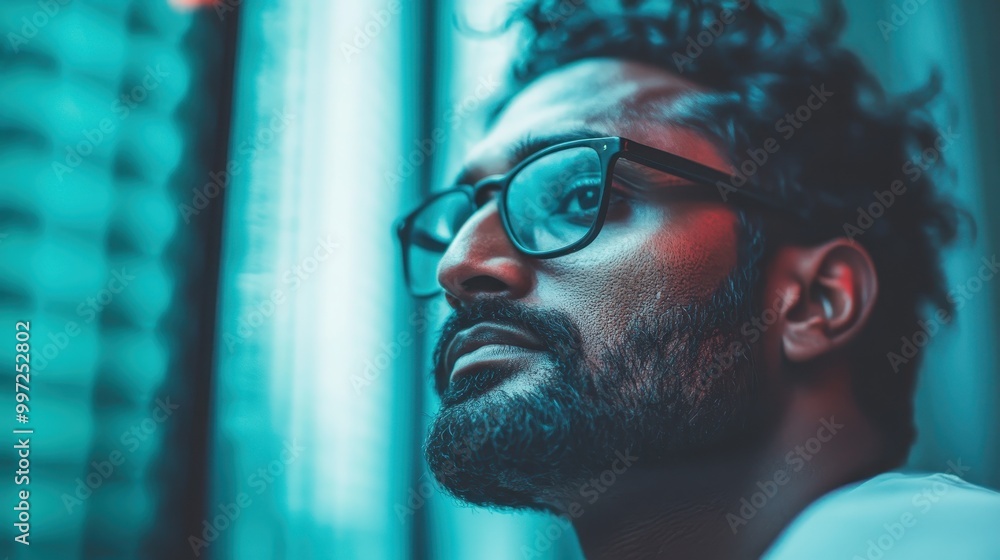An artistic side profile shot of a man wearing glasses, standing in front of a glowing teal backdrop, capturing a sense of introspection and modern ambiance. An artistic side profile shot of a man wearing glasses, standing in front of a glowing teal backdrop, capturing a sense of introspection and modern ambiance.