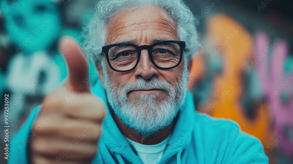 A joyful elderly man with a white beard wears glasses, giving a thumbs-up in a lively urban setting, showcasing a smile of approval and good spirits. A joyful elderly man with a white beard wears glasses, giving a thumbs-up in a lively urban setting, showcasing a smile of approval and good spirits.