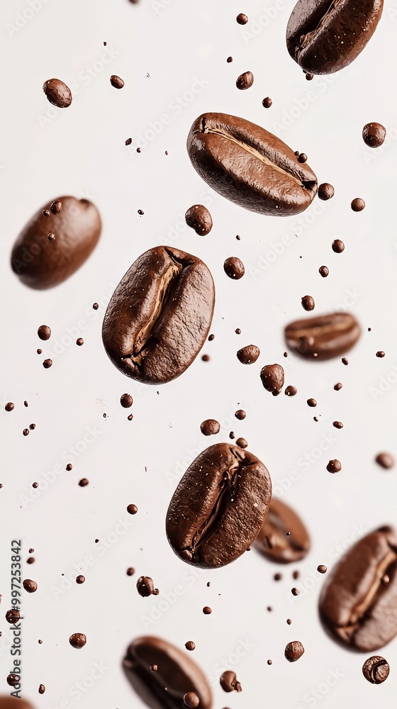 Experience the Magic of Coffee: Overhead View of Rich, Brown Beans Soaring Delightfully Through the Air, Captivating and Inviting Aroma. Experience the Magic of Coffee: Overhead View of Rich, Brown Beans Soaring Delightfully Through the Air, Captivating and Inviting Aroma.