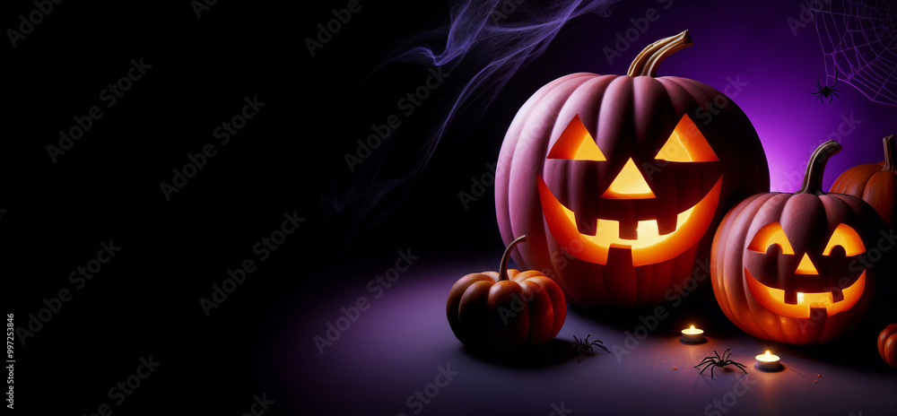 Spooky Halloween pumpkins with glowing interiors, triangular eyes, and jagged mouths, spiders crawling around, spider web in the corner, purple backdrop with eerie lighting and shadows Spooky Halloween pumpkins with glowing interiors, triangular eyes, and jagged mouths, spiders crawling around, spider web in the corner, purple backdrop with eerie lighting and shadows