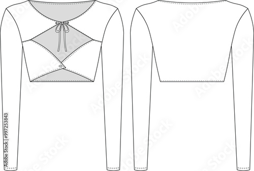 long sleeve round neck buttoned drawstring elbow low cut cutout cropped crop blouse top sweatwear template technical drawing flat sketch cad mockup fashion woman design style model
