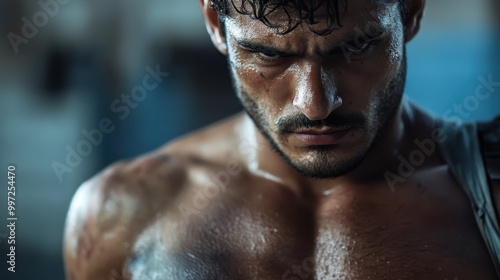 A striking image of a muscular man showcasing his well-defined shoulder and upper body muscles, highlighting physical strength and fitness in a dramatic setting. photo