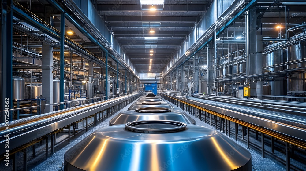 Interior of a large food processing factory, focusing on a sleek ...