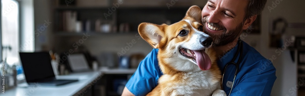 Smiling vet playing with Corgi dog in a veterinary clinic Smiling vet playing with Corgi dog in a veterinary clinic