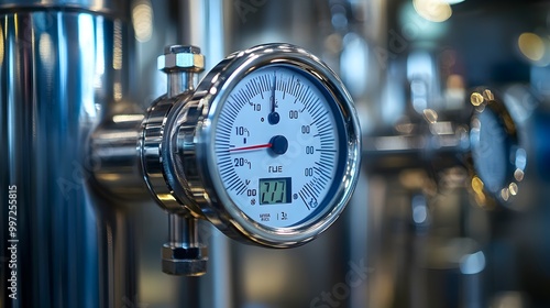 Macro view of a temperature gauge on a sleek stainless steel tank, the display showing accurate temperature readings in high contrast, reflecting on the shiny metal