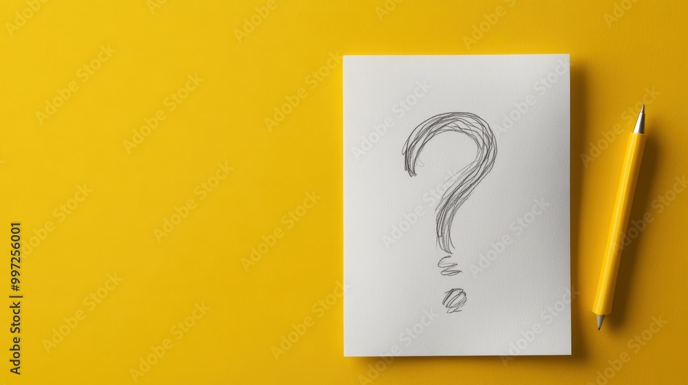 Sketch of a large question mark on a white sheet of paper, placed on a vibrant yellow background with a yellow pencil beside it, evoking curiosity and creativity. Sketch of a large question mark on a white sheet of paper, placed on a vibrant yellow background with a yellow pencil beside it, evoking curiosity and creativity.
