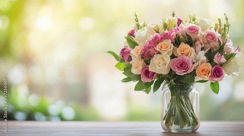 A bright arrangement of colorful flowers in a glass vase adds a fresh touch to a light wooden table in a serene outdoor setting. Generative AI A bright arrangement of colorful flowers in a glass vase adds a fresh touch to a light wooden table in a serene outdoor setting. Generative AI