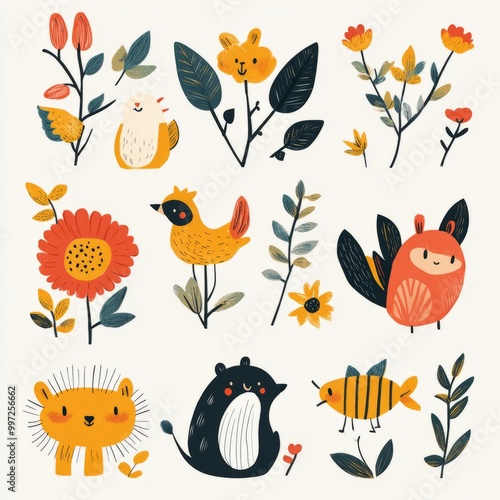 Cute cartoon animal and floral illustrations in a flat style.