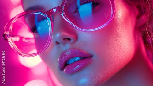 Neon Fashion Portraits: Stylish Woman with Pink Glasses in Futuristic Lighting