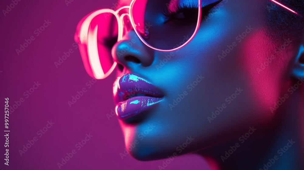 Neon Fashion Portraits: Stylish Woman with Pink Glasses in Futuristic Lighting Neon Fashion Portraits: Stylish Woman with Pink Glasses in Futuristic Lighting