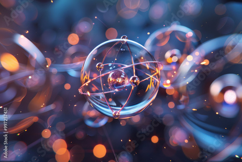 Abstract 3D render of atoms with glowing connections and bokeh lights. Quantum Physics, Nanotechnology.
