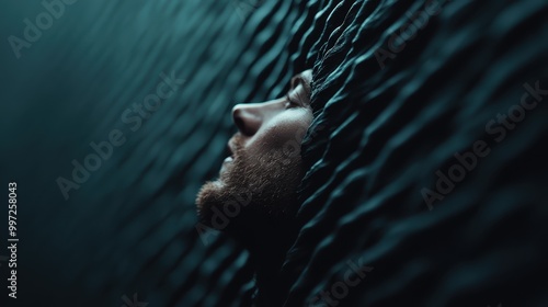 A serene profile view of a bearded individual lying against a dark, textured wall, focusing on contemplation and the contrast between the rough texture and soft features. photo