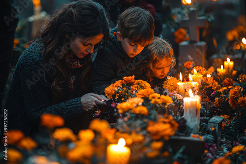 A family placing flowers and lighting candles at a grave, with children helping to carry on the traditions of All Saints' Day.