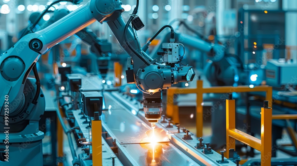 High-tech industrial scene featuring robotic arms engaged in precise manufacturing tasks with sparks flying in a dynamic factory environment. High-tech industrial scene featuring robotic arms engaged in precise manufacturing tasks with sparks flying in a dynamic factory environment.