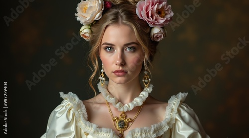 Woman costumed like Marie Antoinette the former French Queen