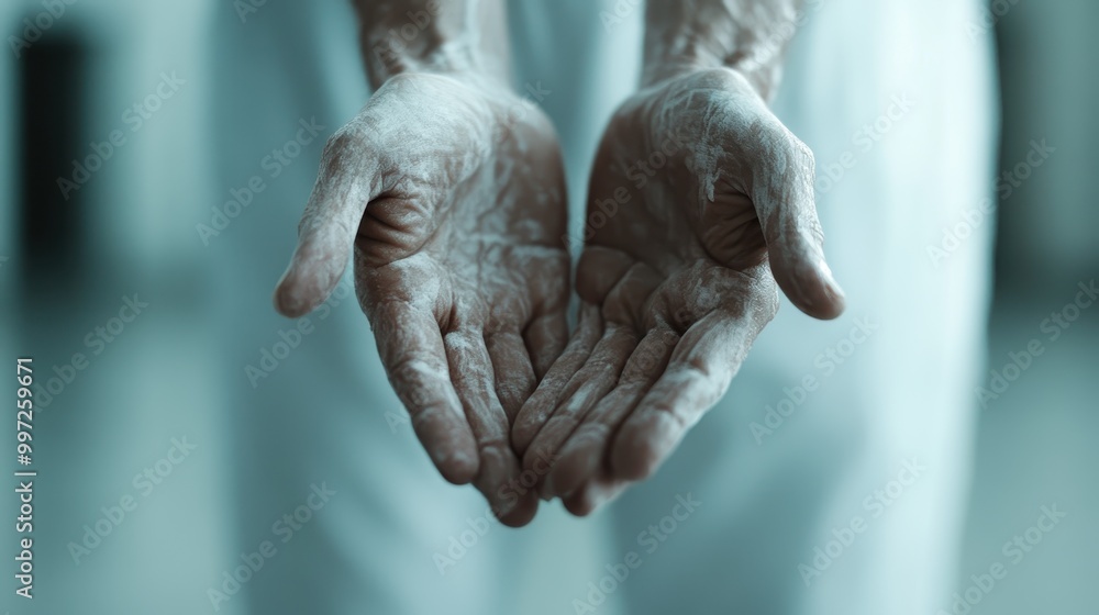 An evocative image of aged hands covered in white powder, extended in a caring and offering gesture, symbolizing wisdom, care, and the passage of time through the textured skin and powder. An evocative image of aged hands covered in white powder, extended in a caring and offering gesture, symbolizing wisdom, care, and the passage of time through the textured skin and powder.