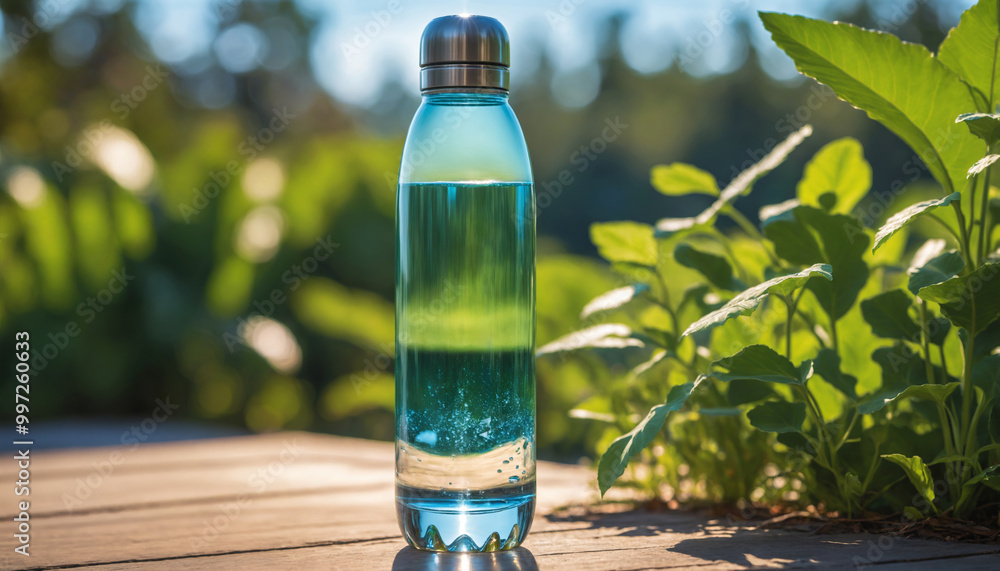 Green Water Bottle on Wooden Deck Green Water Bottle on Wooden Deck