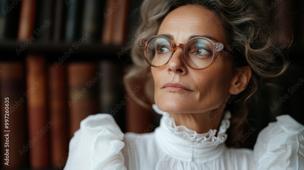 A woman with glasses stands against a backdrop of books, showcasing intellect and sophistication, as her thoughtful gaze evokes wisdom and reflection. A woman with glasses stands against a backdrop of books, showcasing intellect and sophistication, as her thoughtful gaze evokes wisdom and reflection.