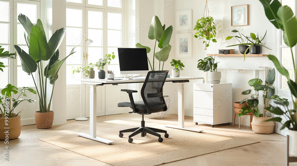 Fototapeta premium A spacious, bright home office with a desk, ergonomic chair and large green plants, illuminated by natural light through tall windows, creates a calm and productive workspace.