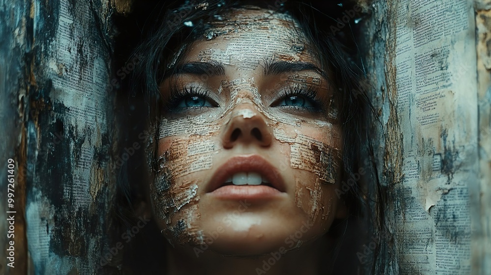 Intense Gaze: A Woman's Face Covered in Text Intense Gaze: A Woman's Face Covered in Text