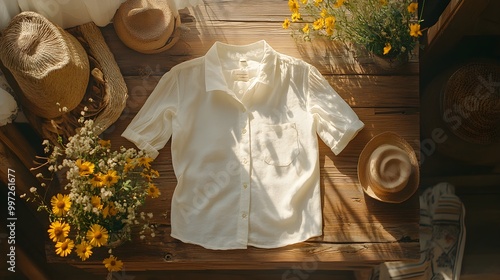 A white shirt on a rustic wooden table, surrounded by wildflowers and simple accessories, evoking a sense of purity and nature, warm sunlight, soft shadows, vintage photography style. photo