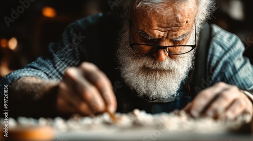 A focused elderly man concentrates on engraving small items on a wooden table using a tool, demonstrating skilled craftsmanship and dedication.