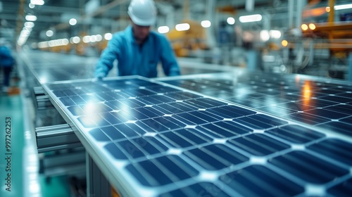 A solar panels factory worker dressed in a blue uniform assembling renewable energy panels in a manufacturing facility.