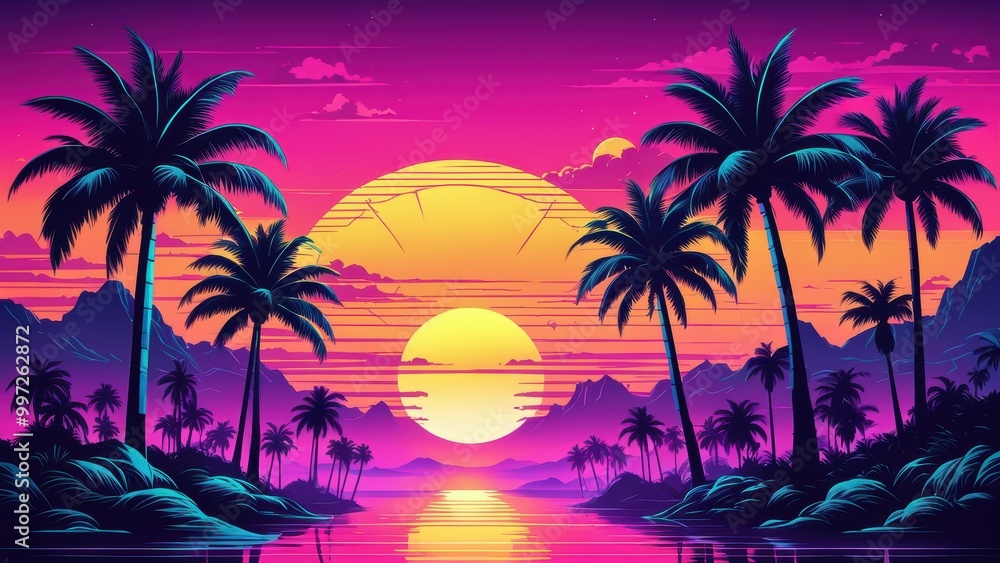A vibrant sunset over a tropical landscape with palm trees and mountains reflected in water. A vibrant sunset over a tropical landscape with palm trees and mountains reflected in water.