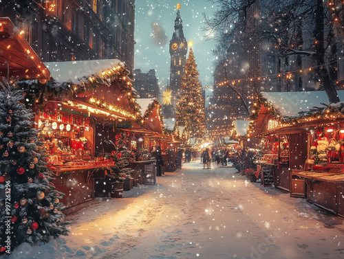 strange night cristmas street background with christmas spruce trees, snow and fair stalls