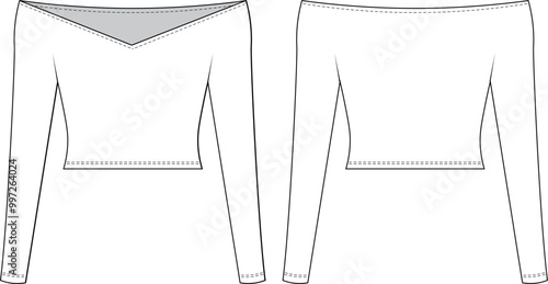 deep v neck off the shoulder neck long sleeve cropped crop blouse top fit elastic template technical drawing flat sketch cad mockup fashion woman design style model
