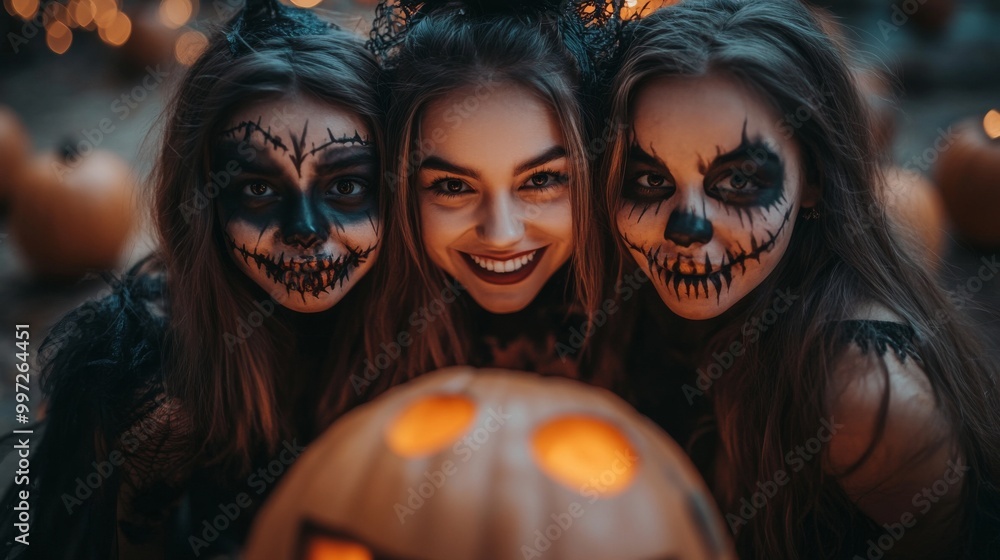 Halloween Pumpkins and Smiling Children in Festive Costumes Halloween Pumpkins and Smiling Children in Festive Costumes