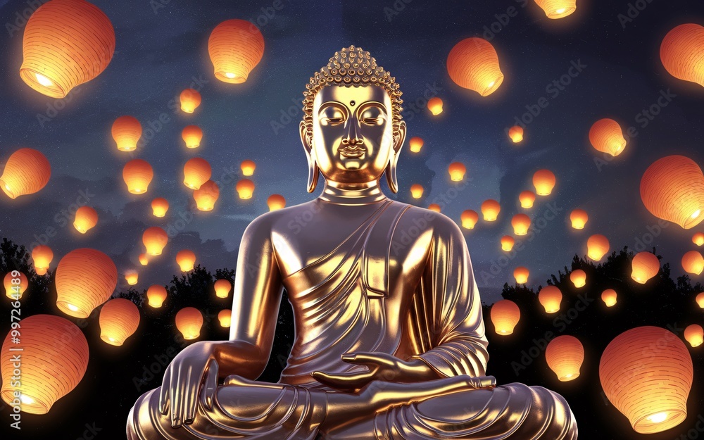 Golden Buddha statue with glowing lanterns in the night sky. Golden Buddha statue with glowing lanterns in the night sky.