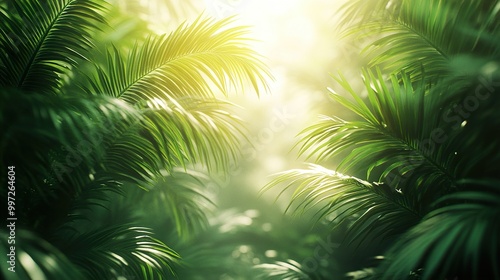 Lush Green Tropical Leaves with Sunlight