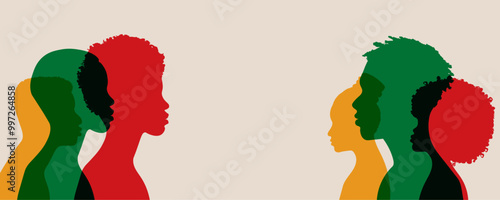 Abstract African-American human celebrate freedom on Black History Month. Identity concept - racial equality and justice. Racism, discrimination. Juneteenth emancipation.	
