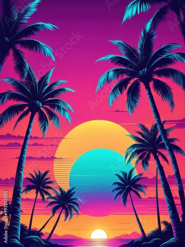 A vibrant sunset over a tropical landscape, featuring palm trees and colorful skies.