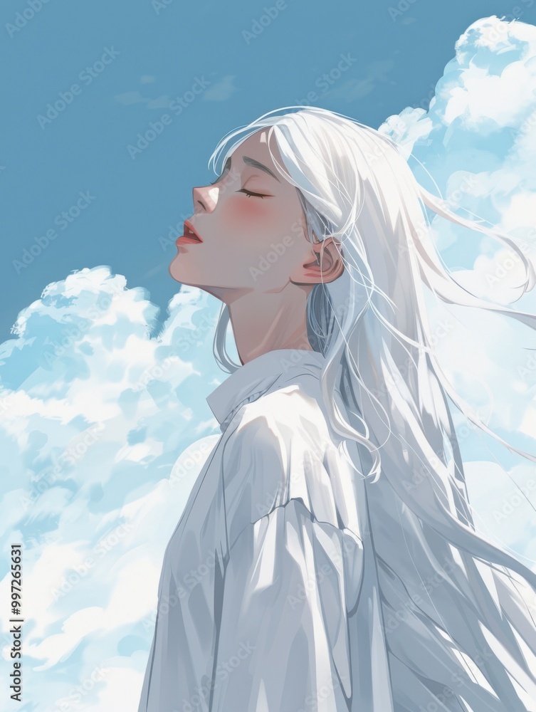 white-haired girl with long hair gently floating in the wind stands among clouds, against a light blue sky background white-haired girl with long hair gently floating in the wind stands among clouds, against a light blue sky background