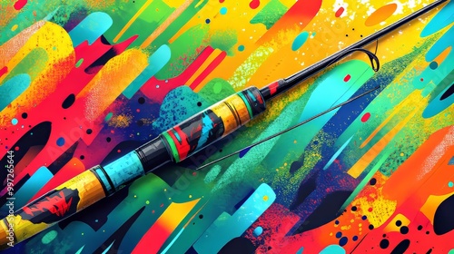 Fishing rod on vibrant green grass with abstract pop art elements surrounding it, room for text, bright and colorful, bold outlines, modern and creative illustration