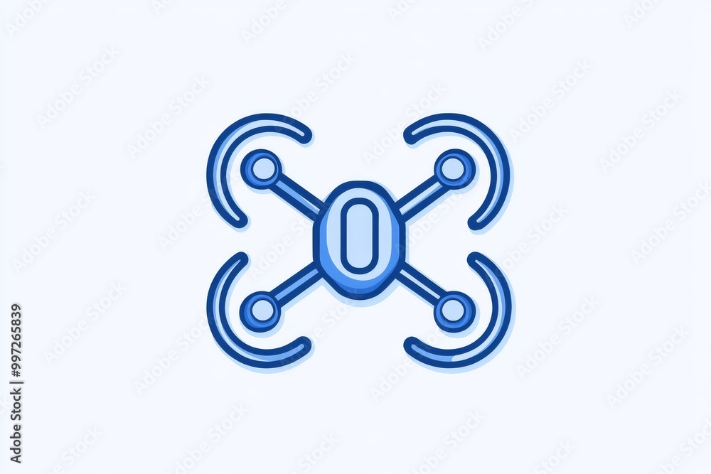Blue abstract drone icon with four propellers isolated against a white background representing simplified drone technology in a modern digital and automated world Blue abstract drone icon with four propellers isolated against a white background representing simplified drone technology in a modern digital and automated world