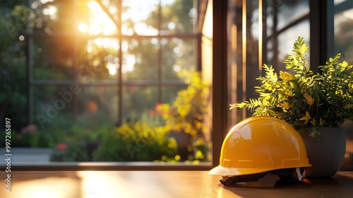 Focused yellow helmet on a table, out of focus steel frame of a house in the background, the scene lit by natural sunlight, minimalist style photo